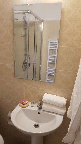 a bathroom with a white sink and a mirror at Casuta Din Padure in Drăguş