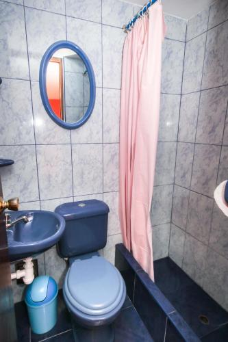 a bathroom with a toilet and a sink and a mirror at Rumi Wasi in Chivay
