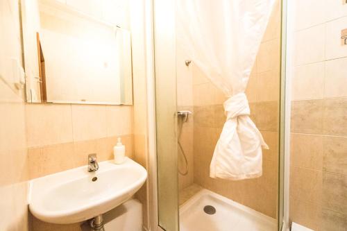 La salle de bains est pourvue d'une douche et d'un lavabo. dans l'établissement Apartments Presidential Palace, à Bratislava