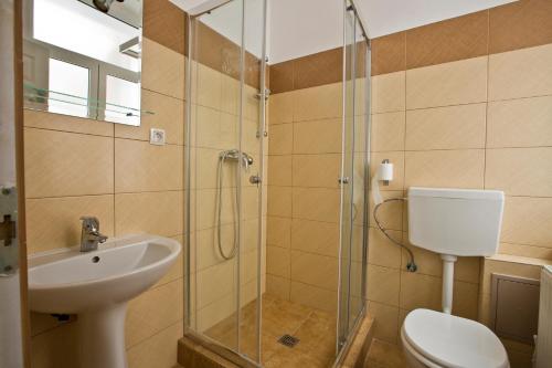 a bathroom with a shower and a toilet and a sink at Centrum House Hostel in Braşov