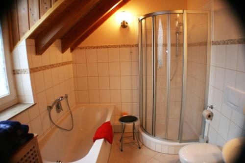 y baño con ducha, bañera y taburete. en Ferienwohnung Weinberg, en Gründau