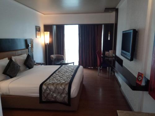 a hotel room with a bed and a television at Iris The Business Hotel in Bengaluru