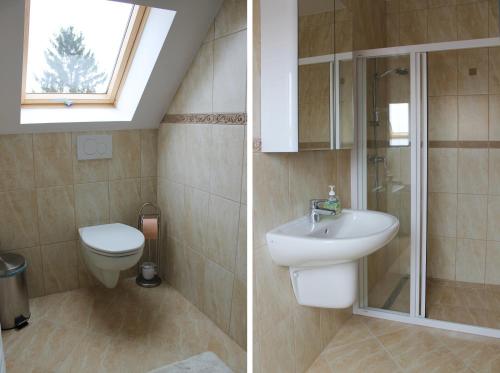 two pictures of a bathroom with a toilet and a sink at Villa Gracia in Balatongyörök