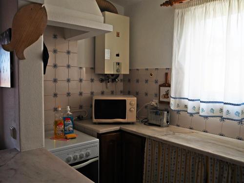 a kitchen with a sink and a microwave and a stove at Ema's Beach and Nightlife House in Lagos