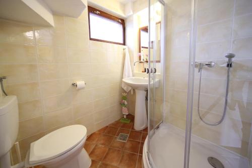 uma casa de banho com um WC, um lavatório e um chuveiro em Hotel Melis em Balatonlelle