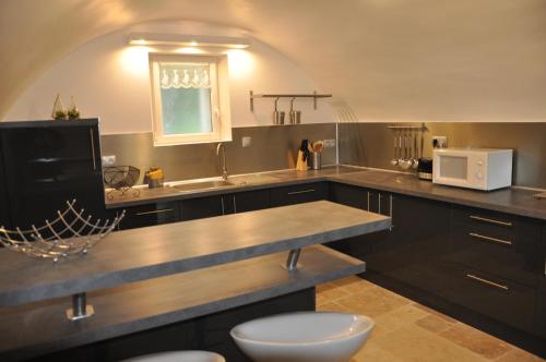 eine Küche mit Spüle und Mikrowelle in der Unterkunft Luc et Corine in Saint-Restitut