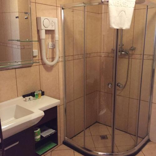 a shower with a glass door next to a sink at Ambassador Hotel in Addis Ababa