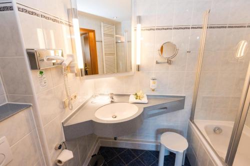 uma casa de banho com um lavatório, um espelho e uma banheira em Hotel am Feuersee em Stuttgart