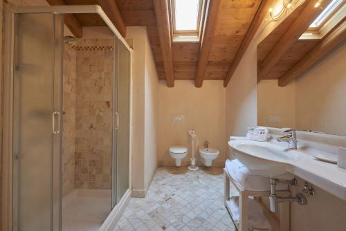 y baño con ducha, lavabo y aseo. en Agriturismo la paterna, en Giavera del Montello