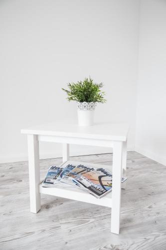 a white table with a potted plant on it at Dünenhaus Steinmarne in Cuxhaven