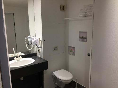 a bathroom with a white toilet and a sink at Le Pavillon in Cours la Ville