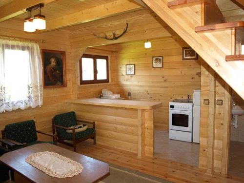 a kitchen in a log cabin with a stove at Letniskowy domek z bala w Mikołajkach in Mikołajki