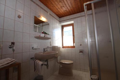 a bathroom with a sink and a toilet and a shower at Pfandlhof in Walchsee