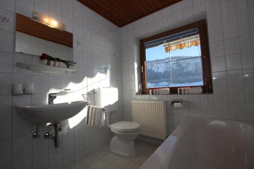 a bathroom with a sink and a toilet and a tub at Pfandlhof in Walchsee