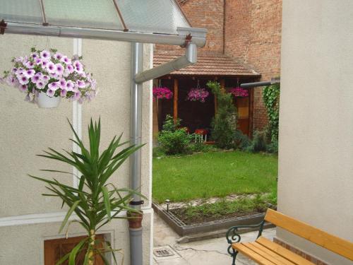 - une fenêtre donnant sur un jardin avec un banc et des fleurs dans l'établissement Guesthouse Daniel, à Oradea