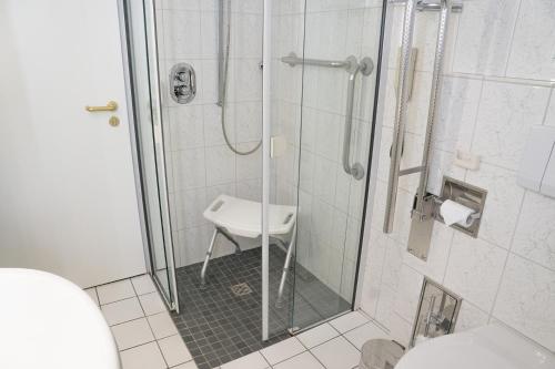 y baño con ducha, aseo y lavamanos. en Hotel Chalet en Bad Zwischenahn