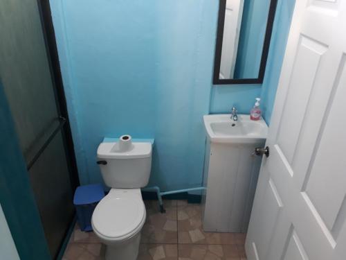 a bathroom with a white toilet and a sink at Nacientes Lodge in Bijagua