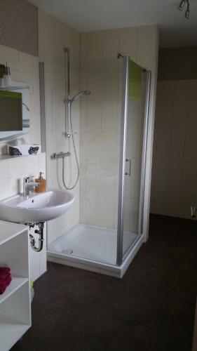 ein Bad mit einer Dusche und einem Waschbecken in der Unterkunft Ferienwohnung "Fährmannsruh " in Lübben