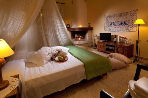 a bedroom with a bed with a television and a fireplace at Agnantio studios & suites in Lagadia