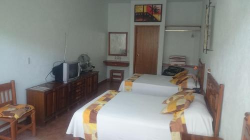 オアステペックにあるQuinta Belu Oaxtepecのベッドルーム1室(ベッド2台、テレビ、椅子付)