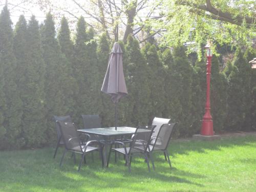 a table and chairs with an umbrella in the grass at Overlander Motel in Chase