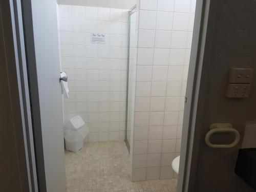 a bathroom with a toilet and a shower stall at Belmore Motor Inn in Yarrawonga