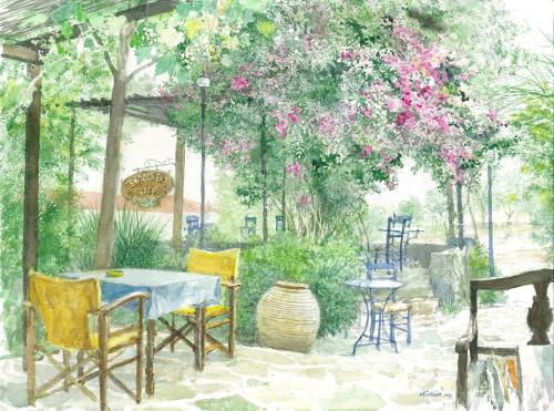 a painting of a table and chairs in a garden at Vagia Traditional, Aegina Island in Vaia