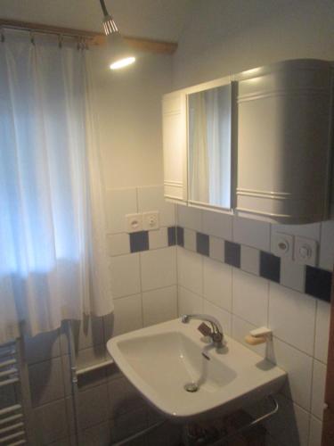 uma casa de banho com um lavatório e um espelho em B&B Am Büel em Sevelen