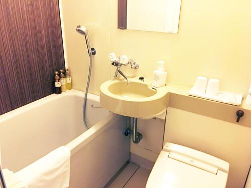 a bathroom with a sink and a toilet and a shower at HOTEL MYSTAYS Ueno Iriyaguchi in Tokyo