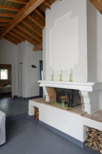 une cheminée dans le salon d'une maison dans l'établissement Les Lodges du Pic, à Le Triadou