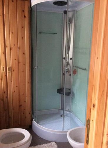 a bathroom with a glass shower and a toilet at Stone Dreams - Namoradeira in Calheta de Nesquim