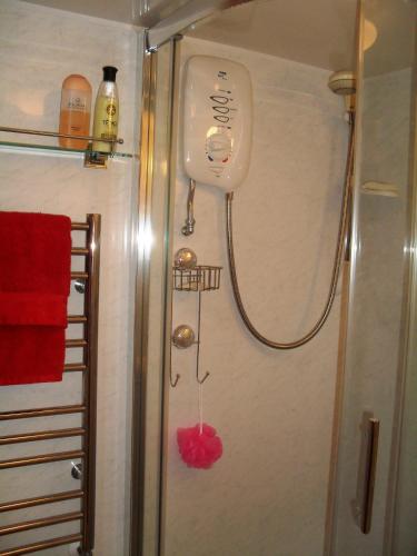 a shower in a bathroom with a red towel at corwen holiday apartment in Llandudno