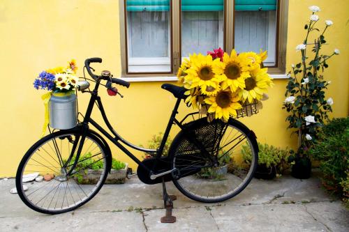 Una bicicleta estacionada al lado de un edificio con flores. en A Casa di Paola en Adria