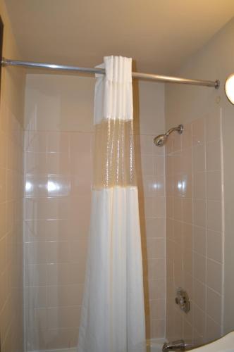 een badkamer met een douche met een wit douchegordijn bij Economy Inn in Portland
