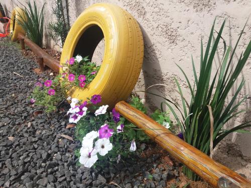 a yellow tire used as a flower planter in a garden at Pousada Flores em Vida in Olímpia