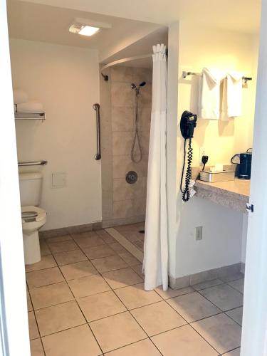 a bathroom with a shower and a phone on the wall at Ramada by Wyndham Torrance in Torrance