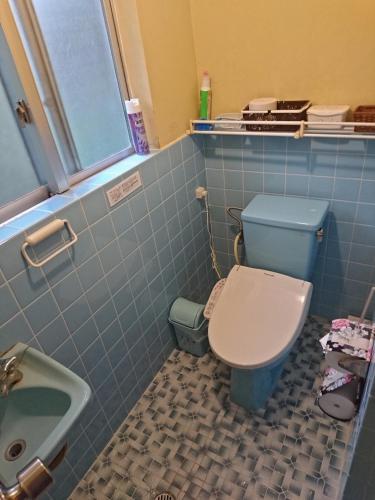 a bathroom with a blue toilet and a sink at Huuran in Nakijin