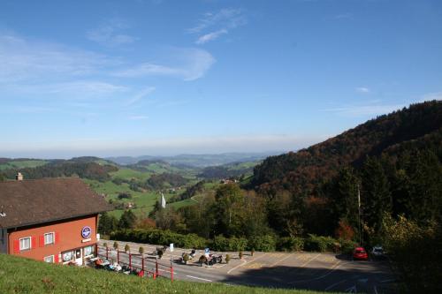 a view of a mountain with a building and a valley at Apartment Hulfteggpass in Mühlrüti