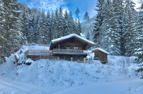 una cabaña de madera en la nieve con árboles en Wasserfallhütte Saalbach en Saalbach Hinterglemm