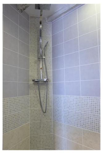une salle de bain avec douche aux carreaux bleus et blancs dans l'établissement Domaine de la Grange aux Dîmes, à Feux