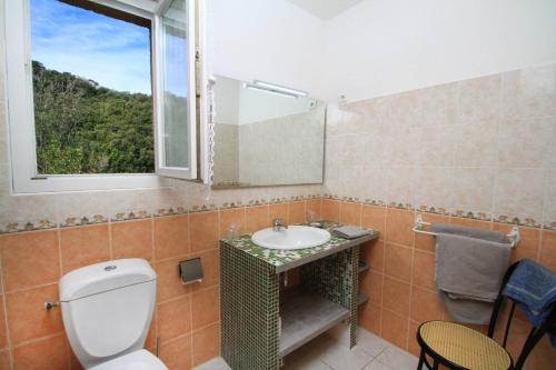 a bathroom with a toilet and a sink and a window at Chambres d'hôtes Multari in Patrimonio