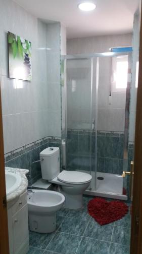 a bathroom with a shower and a toilet and a sink at APARTMENTSUITESPAIN Beach Economy in Valencia