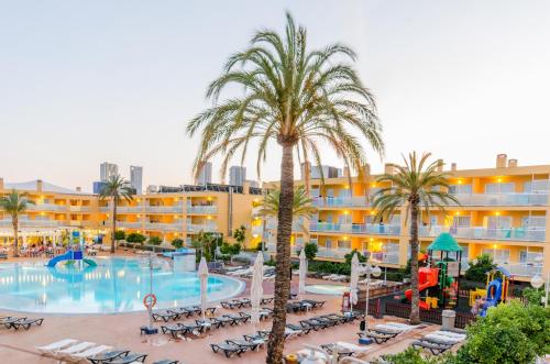 ośrodek z basenem, palmami i krzesłami w obiekcie Apartamentos Turisticos Terralta w mieście Benidorm