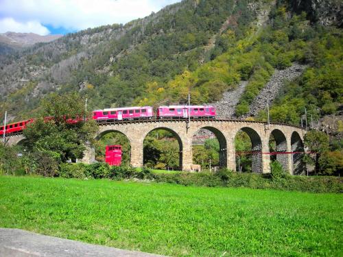 a pink train crossing a bridge over a green field at B&B Il Crocevia in Teglio