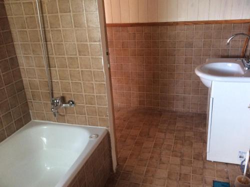 a bathroom with a bath tub and a sink at Cabaña con costa de arroyo in San Martín de los Andes