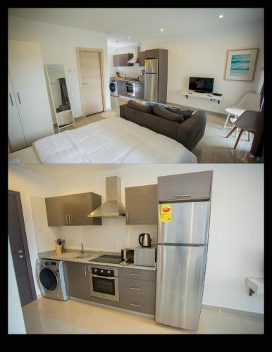 two pictures of a kitchen and a living room at Accra Luxury Apartments at The Gallery in Accra