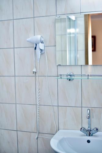 a bathroom with a blow dryer on the wall at Viktória Wellness Hotel in Nagyatád
