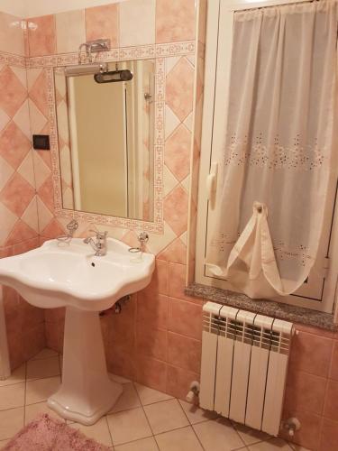 a bathroom with a sink and a shower curtain at La Casetta Di Via Fara in Manoppello