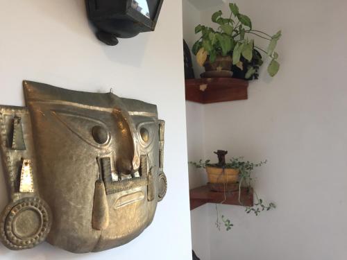 a mask hanging on a wall next to a plant at Best place in Plaza Mayor Lima, Pizarro building in Lima