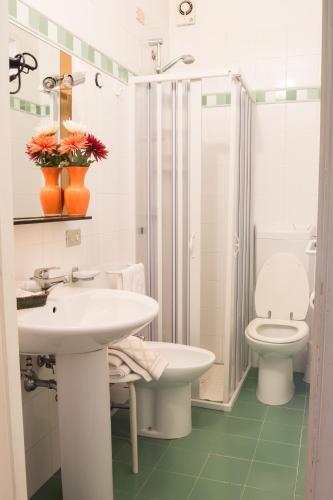 a bathroom with a sink and a toilet and a shower at Hotel Italia Abbadia in Abbadia San Salvatore
